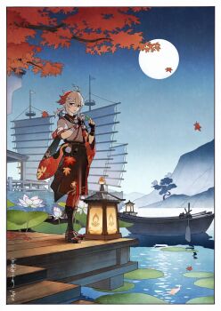 1boy animal animal_on_shoulder apollo_hotori bandaged_hand bandages bird bird_on_shoulder black_gloves border commentary_request crossed_bangs fingerless_gloves fish flower full_moon genshin_impact gloves hair_between_eyes highres holding holding_leaf japanese_clothes kaedehara_kazuha lantern leaf leaf_print lily_pad looking_at_viewer male_focus moon multicolored_hair night outdoors ponytail ship sky solo streaked_hair tree water watercraft wide_sleeves