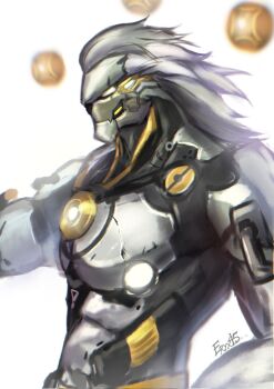 1boy artist_name banyue_(zenless_zone_zero) commentary english_commentary eryx45 facing_to_the_side floating_ball from_side highres male_focus profile robot topless_male upper_body white_background zenless_zone_zero