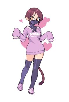 1girl black_thighhighs breasts brown_hair cat_tail chikuwa_fan973 commentary crocs english_commentary full_body glasses heart heart_background highres long_sleeves looking_at_viewer mask medium_breasts mouth_mask orange_eyes original pink_sweater pointy_ears short_hair sleeves_past_fingers sleeves_past_wrists solo sweater tail thighhighs