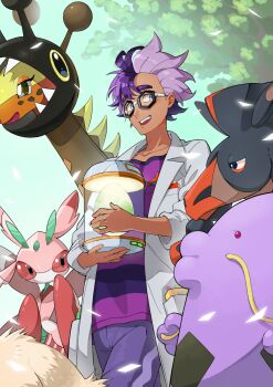 Rule 34 | 1boy, :d, arcanine, black-framed eyewear, coat, commentary request, dark-skinned male, dark skin, day, egg, farigiraf, gen 1 pokemon, gen 3 pokemon, gen 7 pokemon, glasses, highres, holding, jacq (pokemon), looking to the side, lurantis, male focus, mon! (monmonlezard), mudsdale, nintendo, open clothes, open coat, open mouth, outdoors, pants, pokemon, pokemon (creature), pokemon egg, pokemon sv, purple hair, purple pants, purple shirt, shirt, short hair, smile, striped clothes, striped shirt, swalot, teeth, upper teeth only