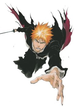 Rule 34 | 1boy, bankai, bleach, brown eyes, collarbone, holding, holding sword, holding weapon, japanese clothes, kubo tite, kurosaki ichigo, male focus, non-web source, official art, orange hair, shihakusho, short hair, spiked hair, sword, teeth, tensa zangetsu (bankai), weapon, zanpakutou