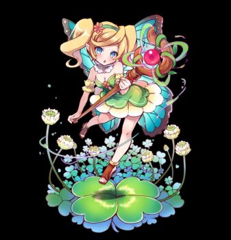 1girl :o afloat arm_scrunchie bare_shoulders black_background blonde_hair blue_eyes blush breasts brown_sandals butterfly_wings choro_(merc_storia) cleavage clover collarbone dress elf flower flying full_body green_dress green_hairband hair_flower hair_ornament hairband head_tilt highres holding holding_staff insect_wings ivy leaf medium_breasts merc_storia merc_storia_art_team official_art pointy_ears sandals short_dress simple_background solo staff strapless strapless_dress tachi-e twintails wavy_hair white_flower wings