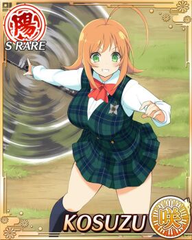 1girl ahoge ankle_socks black_socks border bow bowtie breasts card_(medium) character_name clarinet english_text game_cg green_eyes green_skirt green_vest grin holding holding_instrument instrument kosuzu_(senran_kagura) large_breasts long_sleeves medium_hair official_alternate_costume official_art orange_hair plaid_clothes plaid_skirt plaid_vest red_bow red_bowtie sakigei_municipal_academy_school_uniform school_uniform senran_kagura senran_kagura_new_wave shirt skirt smile socks solo spinning vest white_shirt