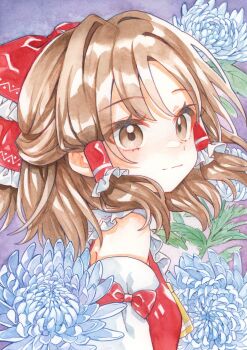 1girl absurdres bare_shoulders bow breasts brown_eyes brown_hair commentary_request detached_sleeves dress flower frilled_bow frilled_hair_tubes frills hair_bow hair_intakes hair_tubes hakurei_reimu highres light_smile looking_to_the_side medium_breasts medium_hair painting_(medium) purple_background red_bow red_dress solo touhou traditional_media watercolor_(medium) yamada_sakura