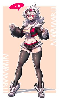 1girl borrowed_character full_body highres niwamaru_(niwarhythm) original red_eyes shorts solo speech_bubble thighhighs white_hair