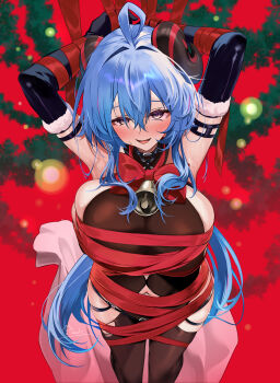 1girl absurdres ahoge arms_up bare_shoulders black_gloves blue_hair blush bodystocking bodysuit breasts clothing_cutout elbow_gloves ganyu_(genshin_impact) genshin_impact gloves goat_horns hair_between_eyes highres hirai_yuzuki horns large_breasts long_hair looking_at_viewer navel_cutout open_mouth purple_eyes red_ribbon ribbon sack sidelocks smile solo