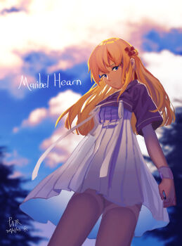 1girl artist_name blonde_hair blue_eyes character_name closed_mouth clothing_request collared_shirt dated day dress earrings from_below furahata_gen hair_between_eyes hair_ornament highres jewelry long_hair maribel_hearn no_headwear pantyhose ribbon shirt short_sleeves sky solo standing touhou tree white_dress white_ribbon wrist_cuffs