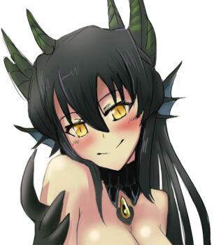 Rule 34 | 1girl, black hair, breasts, cleavage, dragon, dragon girl, female focus, monster girl, monster girl encyclopedia, monster girl encyclopedia ii, scales, simple background, smile, solo, white background, wizard898, wurm (monster girl encyclopedia), yellow eyes