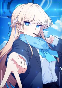 1girl absurdres aqua_bow aqua_bowtie blonde_hair blue_archive blue_cardigan blue_eyes blue_scarf blue_skirt blue_sky blue_streaks bow bowtie braid cardigan closed_mouth cloud commentary_request food food_in_mouth hair_intakes half_up_braid halo highres holding holding_food long_hair long_sleeves looking_at_viewer multicolored_hair official_alternate_costume pocky pocky_in_mouth samess_333 scarf school_uniform shirt shirt_tucked_in skirt sky solo straight_hair streaked_hair toki_(blue_archive) toki_(school_uniform)_(blue_archive) two-tone_hair v very_long_hair viewfinder white_shirt