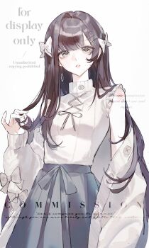 1girl absurdres bare_shoulders blue_skirt bow brown_hair cardigan cowboy_shot cross-laced_clothes green_eyes hair_bow hair_ornament hairclip hand_up highres long_hair long_sleeves loobookk looking_at_viewer off_shoulder open_cardigan open_clothes original parted_lips ribbed_sweater simple_background skirt sleeveless sleeveless_sweater solo sweater turtleneck turtleneck_sweater white_background white_bow white_cardigan