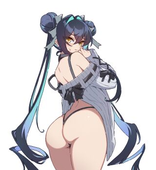 1girl absurdres aqua_hair ass black_bow bow commentary commentary_typo double_bun dress english_commentary from_behind goddess_of_victory:_nikke gradient_hair grey_sweater hair_bun hair_intakes highres hisi_978 little_mermaid_(beautiful_bubble)_(nikke) little_mermaid_(nikke) long_hair long_sleeves multicolored_hair off-shoulder_sweater off_shoulder official_alternate_costume official_alternate_hairstyle orange_pupils ribbed_dress ribbon-trimmed_sweater simple_background solo sweatdrop sweater sweater_dress thong two-tone_hair white_background yellow_eyes