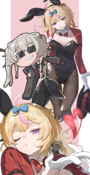 2girls adjusting_clothes adjusting_leotard aiming animal_ears black_leotard black_pantyhose black_suit blonde_hair blowing_kiss bow bowtie breasts chibi chibi_inset commentary_request cropped_legs detached_collar fake_animal_ears formal_clothes glint gloves grey_hair gun hair_bow hand_on_own_hip hat heart highres holding holding_unworn_clothes holding_unworn_hat hololive leotard looking_at_viewer medium_breasts multiple_girls necktie omaru_polka pantyhose playboy_bunny purple_eyes rabbit_ears red_bow red_bowtie red_necktie rifle scope shishiro_botan sigh smile sniper_rifle suit sunglasses unworn_hat unworn_headwear virtual_youtuber weapon white_gloves yuuzuki_(re'ef)