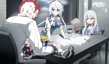 1boy 2girls anger_vein blue_archive blue_eyes braid cuffs doodle_sensei_(blue_archive) garados_(limmjiiiminnn99) gloves handcuffs heart highres implied_torture kirino_(blue_archive) konoka_(blue_archive) long_hair low_twin_braids multiple_girls sensei_(blue_archive) sitting stealth_footjob sweat twin_braids twintails very_long_hair white_hair