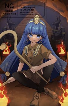 1girl black_thighhighs blue_eyes blue_hair boots brown_boots brown_shirt brown_shorts closed_mouth commentary_request commission earrings facial_mark fire fold-over_boots gold_headdress hair_ornament highres holding holding_scepter jewelry key_earrings long_hair looking_at_viewer michigami_nareko moni_monico pyramid_(structure) scepter shirt short_sleeves shorts sitting skeb_commission smile solo sphere_hair_ornament statue thighhighs touhou triangle triangle_facial_mark usekh_collar watermark