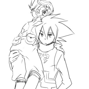 blush capcom carrying carrying_partner embarrassed geo_stelar_(mega_man) heriyama jacket legs mega_man_(series) mega_man_star_force mega_man_star_force_(series) shorts solo_(mega_man) spiked_hair yaoi