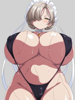 1girl absurdres azur_lane black_slingshot_swimsuit blonde_hair braid breasts collar commentary_request covered_erect_nipples hair_over_one_eye highres huge_breasts looking_at_viewer maid_headdress metal_collar sheffield_(azur_lane) slingshot_swimsuit suzumori_kuroku sweat swimsuit yellow_eyes