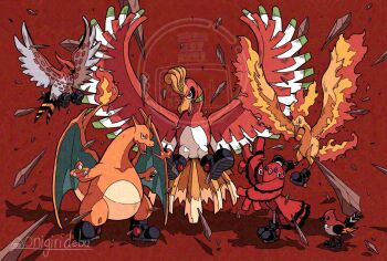 bird charizard dragon fletchinder full_body gameplay_mechanics gen_1_pokemon gen_2_pokemon gen_6_pokemon gen_7_pokemon heavy-duty_boots_(pokemon) highres ho-oh legendary_pokemon looking_at_viewer moltres multiple_others nintendo no_humans onigiri_debu oricorio oricorio_(baile) pokemon pokemon_(creature) pokemon_focus power_connection pun red_background signature standing stealth_rock_(pokemon) tail talonflame teamwork trait_connection twitter_username wings