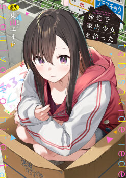 1girl absurdres badge black_shorts blush box breasts brown_hair button_badge cardboard_box collarbone cover cover_page cutoffs downblouse eight_tohyama highres hood hoodie in_box in_container long_hair long_sleeves looking_at_viewer mole mole_under_eye nipples no_bra original parted_lips presenting_breasts purple_eyes red_hoodie short_shorts shorts sleeves_past_wrists small_breasts smile solo squatting translation_request zipper