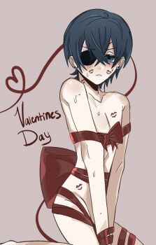 1boy artist_request blue_eyes blue_hair blush ciel_phantomhive closed_mouth ear_piercing english_text eyepatch hair_between_eyes highres kuroshitsuji looking_at_viewer male_focus naked_ribbon piercing red_ribbon ribbon shota solo sweat valentine