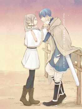 1boy 1girl capelet earrings elf floating_earrings frieren highres himmel_(sousou_no_frieren) holding holding_staff jewelry mage_staff pointy_ears sousou_no_frieren staff teardrop_earrings twintails white_capelet yui_skyprism