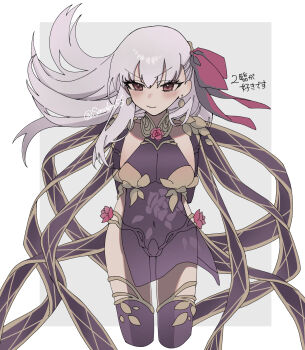 1girl armor arms_behind_back bare_shoulders bikini_armor blush breasts collar commentary_request detached_sleeves dress earrings fate/grand_order fate_(series) floral_print hair_ribbon highres jewelry kama_(assassin)_(second_ascension)_(fate) kama_(fate) kama_(second_ascension)_(fate) kama_(teenager)_(fate) large_breasts long_hair looking_at_viewer metal_collar pelvic_curtain purple_dress purple_sleeves purple_thighhighs red_eyes ribbon solo thighhighs thighlet thighs tokumori_ramen white_hair