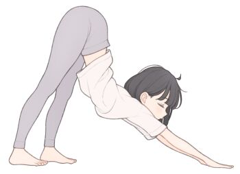 1girl 1ssakawaguchi absurdres ass barefoot black_hair blush downward_dog from_side grey_pants highres ichika_(1ssakawaguchi) original pants petite shirt short_hair short_sleeves simple_background solo stretching top-down_bottom-up white_background white_shirt yoga yoga_pants