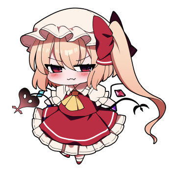 1girl ascot blinking blonde_hair blush chibi closed_mouth commentary_request fang flandre_scarlet full_body hair_between_eyes hat heart highres mob_cap no_nose one_side_up open_mouth puffy_short_sleeves puffy_sleeves red_eyes red_shoes red_skirt shoes short_sleeves skin_fang skirt socks solo spoken_heart tail touhou v-shaped_eyebrows white_socks yellow_ascot you_(noanoamoemoe)