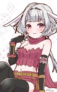 Rule 34 | 1girl, :3, black gloves, black thighhighs, blush, breasts, closed mouth, commentary request, dated, elbow gloves, feet out of frame, fingerless gloves, gloves, grey hair, head wings, highres, long hair, looking at viewer, low ponytail, midriff, navel, ponytail, ragnarok masters, ragnarok online, ranger (ragnarok online), red scarf, red shorts, red tube top, sakuraji tomoka, scarf, shorts, sitting, small breasts, smile, solo, strapless, thighhighs, tube top, white background, white wings, wings