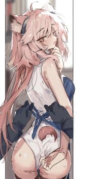 Rule 34 | 1girl, 1other, absurdres, adjusting clothes, adjusting leotard, animal ear fluff, animal ears, arknights, ass, breasts, brown eyes, clothing cutout, commentary request, from behind, gravel (arknights), highres, leotard, long hair, looking at viewer, looking back, medium breasts, mouse ears, mouse girl, mouse tail, na tarapisu153, open mouth, pink eyes, pink hair, pov, pov hands, solo focus, tail, tail through clothes, white leotard