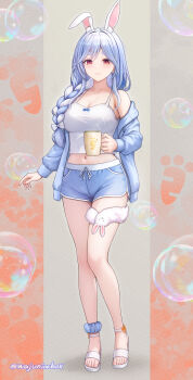 1girl absurdres alternate_costume animal_ears blue_hair blue_jacket blue_shorts braid braided_ponytail breasts cleavage closed_mouth commentary_request crop_top cup hair_over_shoulder highres holding holding_cup hololive jacket mature_female medium_breasts multicolored_hair navel orange_eyes pekomama rabbit_ears rabbit_girl sandals shirt shorts smile solo streaked_hair two-tone_hair virtual_youtuber wajuniorbox white_hair white_sandals white_shirt