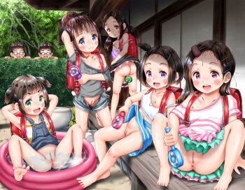 2boys 5girls anus backpack bag barefoot blush breasts censored cleft_of_venus closed_mouth collarbone fang fat_mons flat_chest from_behind full_body glasses higeepon highres loli looking_at_viewer mosaic_censoring multiple_boys multiple_girls nipples no_panties one_breast_out open_mouth outdoors peeking peeking_out pool pussy randoseru small_breasts smile soles spread_legs tagme teeth toes upper_teeth_only water