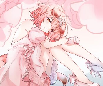 1girl animal_ears arknights aza_nonoka bare_shoulders brown_eyes cat_ears cat_girl commentary_request dress gloves goldenglow_(arknights) highres leaning_forward light_blush on_ground pink_background pink_dress pink_gloves pink_hair pink_ribbon ribbon sitting smile tiara white_background