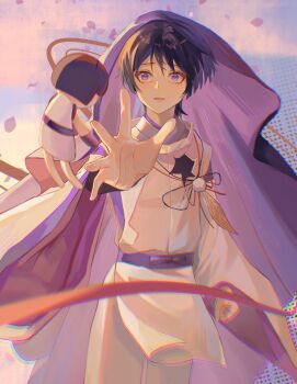 Rule 34 | 1boy, absurdres, armor, bishounen, chromatic aberration, falling petals, genshin impact, highres, japanese armor, japanese clothes, maikelaien, male focus, petals, puppet, purple eyes, purple hair, scaramouche (genshin impact), scaramouche (kabukimono) (genshin impact), scared, short hair, solo, veil