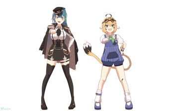2girls absurdres ahoge aotsuki_remia blonde_hair blue_hair blue_overalls breasts buruhas commentary dooby dooby_(1st_costume) english_commentary gloves goggles goggles_on_head green_eyes green_hair hat highres indie_virtual_youtuber large_breasts long_hair long_sleeves looking_at_viewer multicolored_hair multiple_girls open_mouth overalls shirt short_hair simple_background skirt smile streaked_hair tail tattoo text_tattoo virtual_youtuber vspo! vspo!_en white_background white_gloves white_shirt yellow_eyes