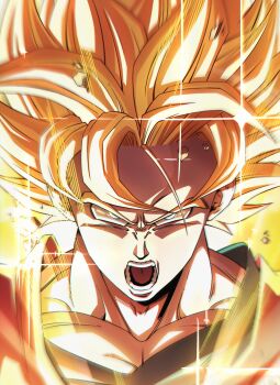 Rule 34 | 1boy, absurdres, aura, blonde hair, blue shirt, cody artzz, debris, dougi, dragon ball, dragonball z, green eyes, highres, medium hair, muscular, muscular male, open mouth, orange shirt, powering up, shirt, solo, son goku, spiked hair, super saiyan, upper body