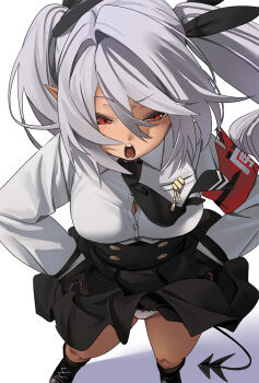 1girl armband black_necktie black_shoes black_skirt blue_archive blush breasts button_gap commentary dark-skinned_female dark_skin fu-ta grey_hair hair_between_eyes hands_on_own_hips highres iori_(blue_archive) long_hair long_sleeves medium_breasts necktie open_mouth panties red_armband red_eyes shirt shoes skirt solo tail twintails underwear white_panties white_shirt