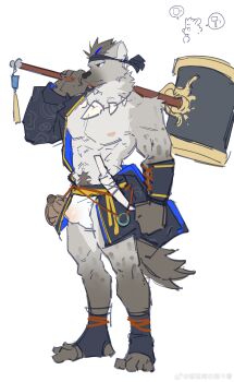 1boy abs absurdres arknights black_headband bulge chinese_commentary closed_mouth commentary_request dmsjji12 doodle_inset fundoshi furry furry_male hammer headband highres holding holding_hammer holding_weapon hyena_boy hyena_ears hyena_tail japanese_clothes jewelry looking_to_the_side male_focus multicolored_hair muscular muscular_male necklace nipples pectorals sketch speech_bubble spot_(arknights) streaked_hair watermark weapon weibo_watermark white_background