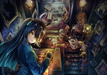 1girl absurdly_detailed_composition animal_ears animal_print apple_wakame arrow_(symbol) black_gloves blue_jacket book book_stack cat_print chain chair closed_mouth coffee_pot cup ear_ornament ear_tag earrings flower footprints gloves highres holding holding_lantern horse_ears horse_girl ink inkwell jacket jewelry key lantern loaded_interior long_sleeves looking_at_viewer manhattan_cafe_(umamusume) mug nib_pen_(object) painting_(object) paper pen plant plate pocket_watch potted_plant single_earring solo stairs stuffed_animal stuffed_toy tablecloth tray umamusume vase wall_lamp watch watermark white_flower yellow_flower