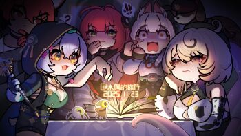 ! 1boy 4girls ? alice_thymefield animal_ear_fluff animal_ears bare_shoulders beret black_gloves black_hair black_hat black_sailor_collar black_unitard blonde_hair blue_hair book breasts cardigan chest_bow chibi chibi_only choker closed_mouth collar commentary covering_own_mouth cowlick crossed_bangs dated detached_sleeves dog_boy english_commentary ethereal_(zenless_zone_zero) fingerless_gloves gloves goat_girl goat_tail green_hair hair_between_eyes hand_up hat head_rest hearing_aid heterochromia high-waist_shorts highres holding holding_staff hood hood_up horizontal_pupils indoors kamanosuke_(zenless_zone_zero) key key_choker komano_manato large_breasts long_hair looking_at_another lucia_elowen mole mole_on_arm mole_under_mouth multicolored_hair multiple_girls open_mouth pink_cardigan purple_eyes rabbit_ears rabbit_girl raccoon red_bandage red_hair sailor_collar shirt short_hair shorts single_sleeve smile spoken_exclamation_mark spoken_question_mark staff suction_cups table tablecloth tail tanuki tentacle_girl tentacle_tail tentacles twintails ukinami_yuzuha v-shaped_eyebrows white_shirt yellow_eyes yemuzi yidhari_murphy zenless_zone_zero