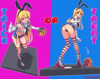 1boy black_hairband black_neckerchief black_panties blue_sailor_collar blue_skirt cosplay crop_top crossdressing crossdressing_(mtf) elbow_gloves gloves hairband halloween highleg highleg_panties long_hair looking_at_viewer male_focus microskirt neckerchief open_mouth panties pixel_art sailor_collar santiagodraws shimakaze_(kancolle) shimakaze_(kancolle)_(cosplay) skirt smile striped_clothes striped_thighhighs thighhighs thong trap underwear wada_(watamote) watashi_ga_motenai_no_wa_dou_kangaetemo_omaera_ga_warui! white_gloves