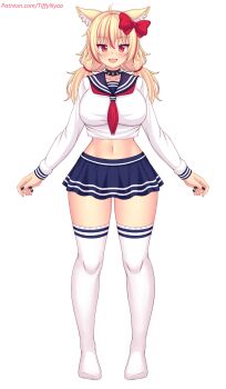 1girl ahoge animal_ears black_nails blonde_hair blue_skirt blush bow breasts cat_ears cat_girl choker collarbone fangs hair_bow highres indie_virtual_youtuber large_breasts long_hair long_sleeves looking_at_viewer low_twintails midriff multicolored_hair navel neckerchief nottytiffy open_mouth original red_bow red_eyes red_hair red_neckerchief school_uniform shirt skirt slit_pupils smile spiked_choker spikes standing streaked_hair thighhighs tiffy_(nottytiffy) twintails virtual_youtuber white_background white_shirt white_thighhighs