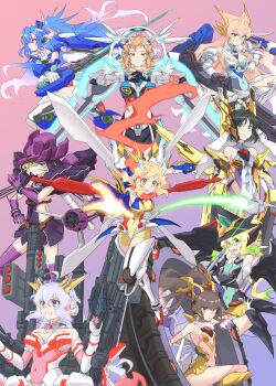 00_qan[t] 6+girls absurdres ahoge akatsuki_gundam akatsuki_kirika bakunetsu_god_finger beam_cannon beam_scythe boots carol_malus_dienheim covered_navel fist_in_hand full_armor_unicorn_gundam g-self_perfect_pack g_gundam gedlav gloves glowing glowing_hair god_gundam gradient_background gundam gundam_00 gundam_00_a_wakening_of_the_trailblazer gundam_deathscythe_hell_custom gundam_g_no_reconguista gundam_seed gundam_seed_destiny gundam_unicorn gundam_wing:_endless_waltz highres holding holding_sword holding_weapon kazanari_tsubasa kohinata_miku leotard long_hair maria_cadenzavna_eve mecha_musume multiple_girls red_scarf rozen_zulu scarf senki_zesshou_symphogear shoulder_cannon sword tachibana_hibiki_(another)_(symphogear) tachibana_hibiki_(symphogear) tallgeese_iii tsukuyomi_shirabe twintails type-moongundam victory_gundam weapon wheel x-drive_(symphogear) yukine_chris