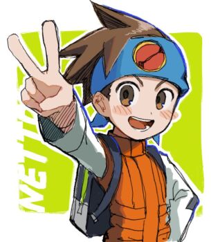 1boy backpack bag blue_headband blush_stickers border brown_eyes brown_hair character_name commentary_request green_background headband lan_hikari_(mega_man) m0gaku male_focus mega_man_(series) mega_man_battle_network_(series) orange_vest shirt simple_background solo v vest white_border white_shirt