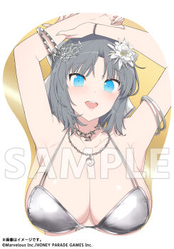 1girl armpits arms_up blue_eyes blush bra bracelet breast_mousepad breasts cleavage commentary_request flower grey_hair hair_flower hair_ornament hair_ribbon highres jewelry large_breasts marvelous medium_hair mousepad_(medium) necklace official_art open_mouth ribbon sample_watermark second-party_source senran_kagura silver_bracelet silver_necklace smile teeth underwear upper_teeth_only watermark yaegashi_nan yumi_(senran_kagura)