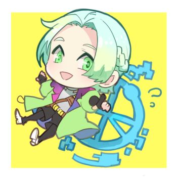 Rule 34 | 1girl, blonde hair, braid, braided sidelock, chibi, commentary request, gnosia, gradient hair, green eyes, green hair, jacket, looking at viewer, multicolored hair, multicolored jacket, shirt, short hair, simple background, smile, solo, stereodives, turtleneck, yuri (gnosia)