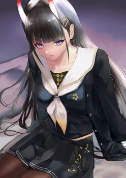 1girl 27-nichi absurdres arms_behind_back azur_lane black_hair black_jacket black_serafuku black_shirt black_skirt blush breasts demon_girl demon_horns earrings eyeshadow from_above hair_ornament hairclip highres horns indoors jacket jewelry long_hair looking_at_viewer looking_up makeup medium_breasts miniskirt neckerchief noshiro_(azur_lane) on_bed oni open_clothes open_jacket pantyhose pleated_skirt purple_eyes red_eyeshadow sailor_collar sakura_empire_(emblem) school_uniform serafuku shirt sitting skirt smile solo very_long_hair white_neckerchief white_sailor_collar x_hair_ornament