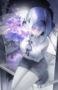 1girl black_choker black_ribbon black_shorts blue_eyes blue_hair chainsaw_man choker glass_shards grenade_pin hair_between_eyes hair_bun highres looking_at_viewer mannerman medium_hair neck_ribbon reze_(chainsaw_man) ribbon shirt short_shorts shorts sitting sleeveless sleeveless_shirt solo tongue tongue_out