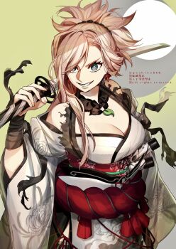 1girl artist_name bandaged_arm bandages bare_shoulders beads breasts cleavage copyright_notice cowboy_shot earrings fate/samurai_remnant fate_(series) floral_print goshiko86g green_eyes grin hair_beads hair_ornament highres holding holding_sword holding_weapon japanese_clothes jewelry katana kimono large_breasts long_hair long_sidelocks long_sleeves looking_to_the_side magatama magatama_necklace miyamoto_musashi_(fate) miyamoto_musashi_(woman_of_niten_ichiryuu)_(fate) necklace off_shoulder pink_hair scabbard sheath sidelocks single_sidelock smile solo sword teeth weapon white_kimono wide_sleeves