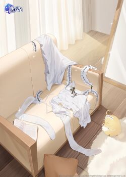 absurdres artist_request azur_lane black_ribbon commentary couch curtains english_commentary highres maid_headdress manjuu_(azur_lane) no_humans official_art panties ribbon second-party_source thighhighs underwear unworn_clothes unworn_panties unworn_thighhighs white_headdress white_panties white_thighhighs wooden_floor