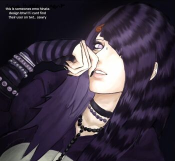 Rule 34 | 1girl, alternate costume, alternate hairstyle, bead necklace, beads, black choker, black nails, bleeehrghw, bracelet, choker, commentary, emo fashion, english commentary, english text, hair ornament, hair over one eye, highres, hyuuga hinata, jewelry, konohagakure symbol, naruto (series), naruto shippuuden, necklace, parted lips, piercing, portrait, purple eyes, purple hair, sleeves past wrists, solo, striped sleeves